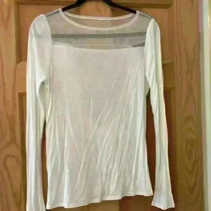 BCBGMaxazria white long sleeve top with sheer neckline and draped back